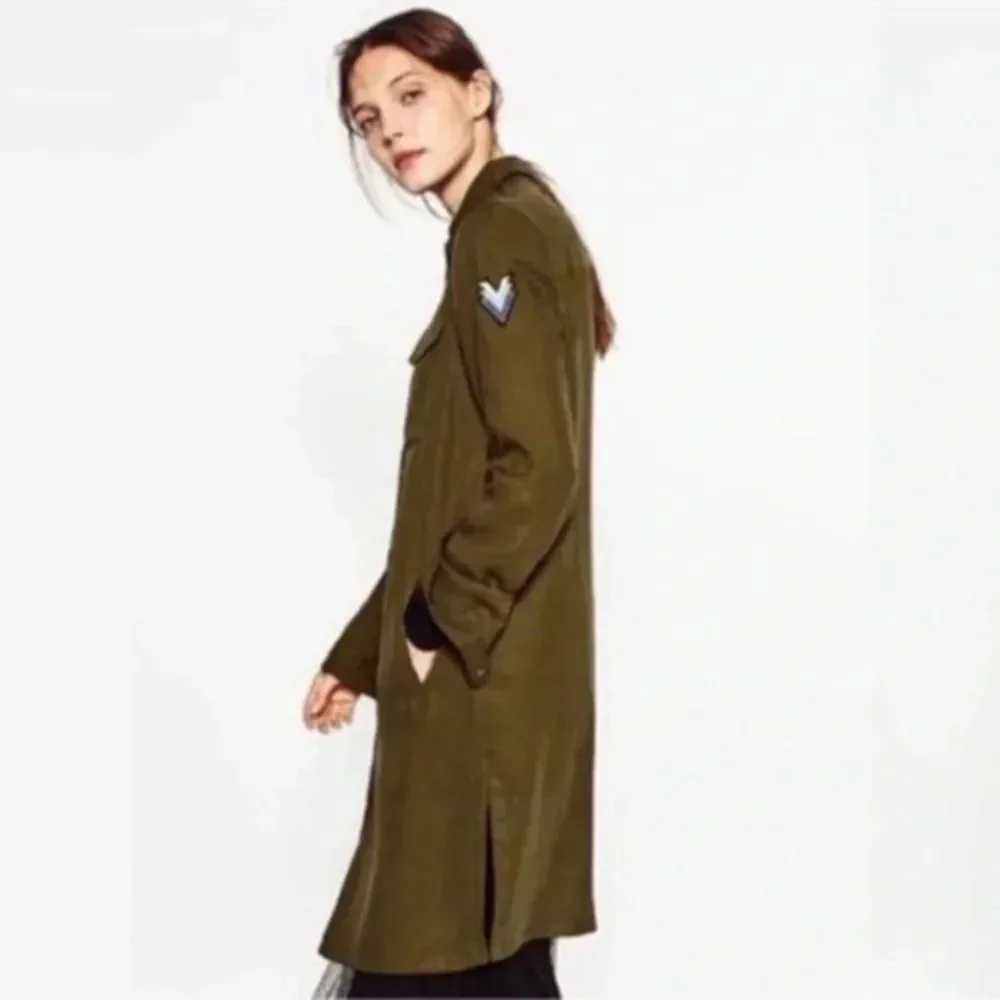 Zara Olive Army Green Patch Long Duster Jacket medium - Picture 1 of 15